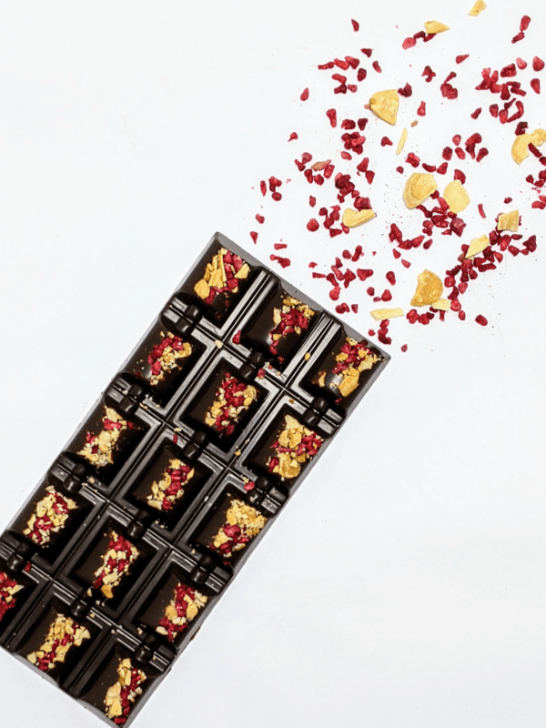 Raspberry and Crushed Almond Dark Chocolate Bar - Image 3