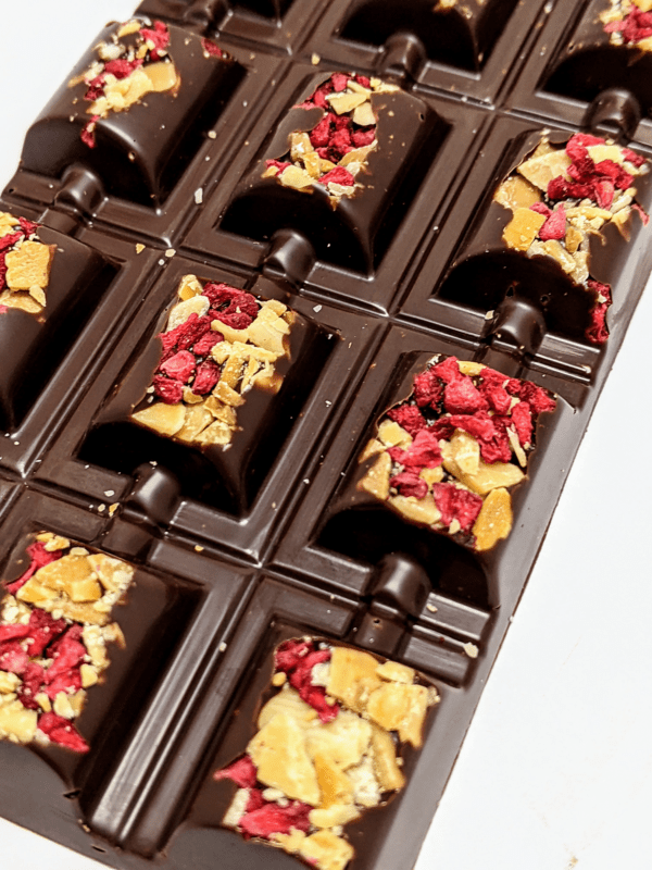 Raspberry and Crushed Almond Dark Chocolate Bar - Image 2