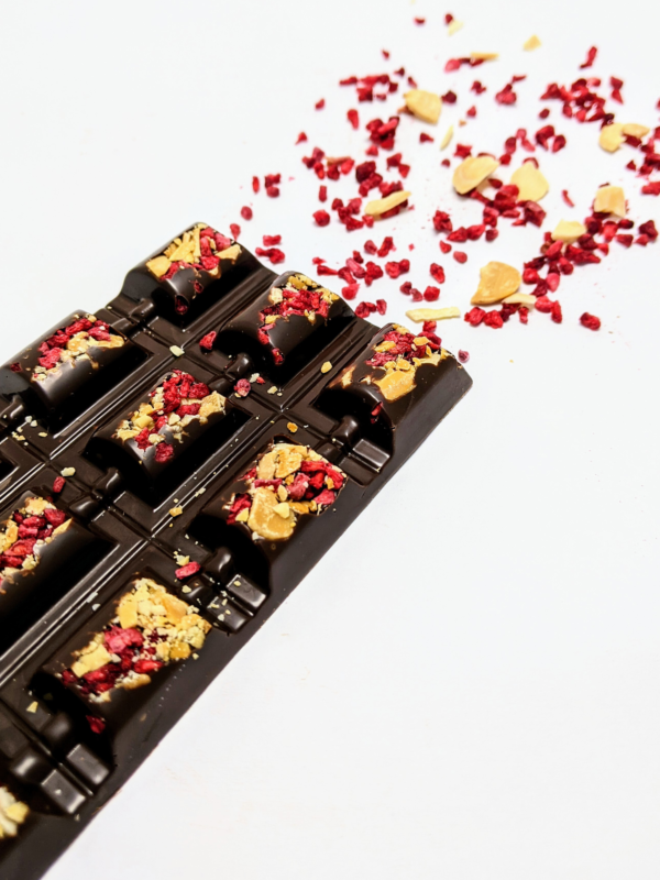 Raspberry and Crushed Almond Dark Chocolate Bar - Image 4